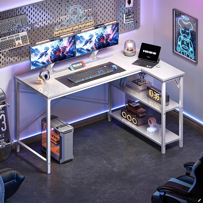 L Shaped Desk, 47 Inches Computer Desk with Reversible Storage Shelves, Gaming Desk, Corner Desk Home Office Desks, Writing Desk Study Desk with Metal Frame, White - LeafyLoom