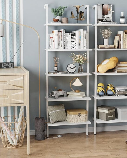 aboxoo Ladder Shelf White Wooden Bookshelf 5-Tier Wall-Mounted Open Wood Rack Industrial Modern Plant Flower Stand Utility Organizer Bookcase Metal Frame Furniture Office Kitchen Bedroom - LeafyLoom