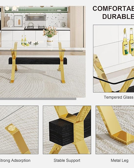 Rectangular Table with Tempered Glass Tabletop,Modern Dinner Desk W/Metal Tubular Legs, Home,Kitchen,Dining Room,Office,Gold, 79" Black Crossbars - LeafyLoom