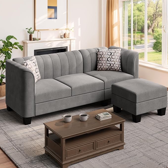 Shintenchi Upgraded Convertible Sectional Sofa Couch, 3 Seat L Shaped Sofa with High Armrest Linen Fabric Small Couch for Living Room, Apartment and Office (Grey) - LeafyLoom
