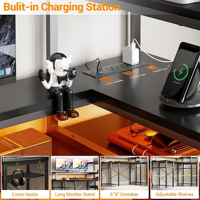 Cyclysio Gaming Desk with LED Light, 47 inch Computer Desk with Storage Shelves, Adjustable Home Office Desk with Power Outlets, Computer Gaming Desk with Long Monitor Stand for Small Space, Black - LeafyLoom