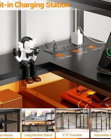 Cyclysio 55 inch Gaming Desk with LED Light, Adjustable Computer Desk with Storage Shelves, Home Office Desk with Power Outlets, Computer Gaming Desk with Long Monitor Stand for Small Space, Black - LeafyLoom