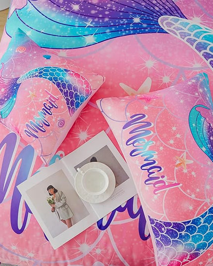 RYNGHIPY Mermaid Kids Girls Comforter Set Queen Size Pink Blue Gradient Fish Tail Bed in a Bag - includes Comforter & Sheet Set for Teens Girls Super Soft Kids Bedding - LeafyLoom