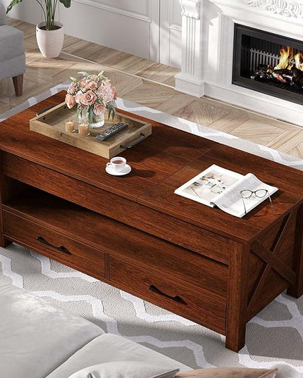 Seventable Coffee Table, 47.2" Lift Top Coffee Table with 2 Storage Drawers and Hidden Compartment, Farmhouse Center Table with Wooden Lift Tabletop, for Living Room,Espresso - LeafyLoom