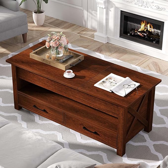 Seventable Coffee Table, 47.2" Lift Top Coffee Table with 2 Storage Drawers and Hidden Compartment, Farmhouse Center Table with Wooden Lift Tabletop, for Living Room,Espresso - LeafyLoom
