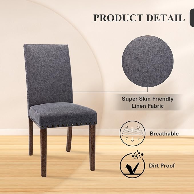 COLAMY Modern Wood Dining Chairs Set of 6, Parsons Dining Chairs, 19 Inch Padded Dining Chairs with Nailed Trim for Kitchen Dining Living Room, Grey - LeafyLoom