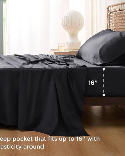Bedsure Twin XL Sheet Set Dorm Bedding, Cooling Sheets Twin Extra Long Sheets, Rayon Derived from Bamboo, Deep Pocket Up to 16", Hotel Luxury Silky Bedding Sheets & Pillowcases, Black - LeafyLoom