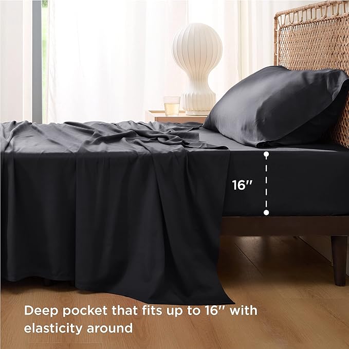 Bedsure Twin Sheets Set, Cooling Sheets Twin Size Bed Set, Rayon Derived from Bamboo, Twin Size Sheets, Breathable & Soft Bed Sheets, Hotel Luxury Silky Bedding Sheets & Pillowcases, Black - LeafyLoom