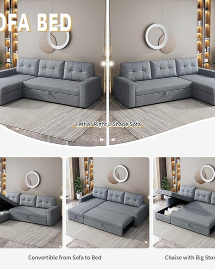 Upholstered Sectional Storage Chaise and Pull, L-Shape Convertible Corner Couch, Reversible Sleeper Sofa-Bed,W/ 3 Back Cushions,for Living Room,Office,(Light Grey), 81.5" - LeafyLoom