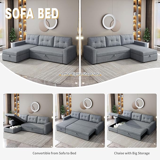 81.5" Sectional Sleeper Sofa with Storage Chaise, L Shaped Pull Out Couch Bed with 3 Removable Back Cushion for Living Room,Apartment,Office,Light Grey - LeafyLoom