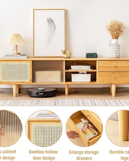 Tiita Rattan TV Stand for 55 60 Inch TV, Bamboo TV Cabinet with 2 Drawers, Boho Entertainment Center with Adjustable Shelf, Mid Century Modern Media Console for Bedroom, Living Room, Study - LeafyLoom