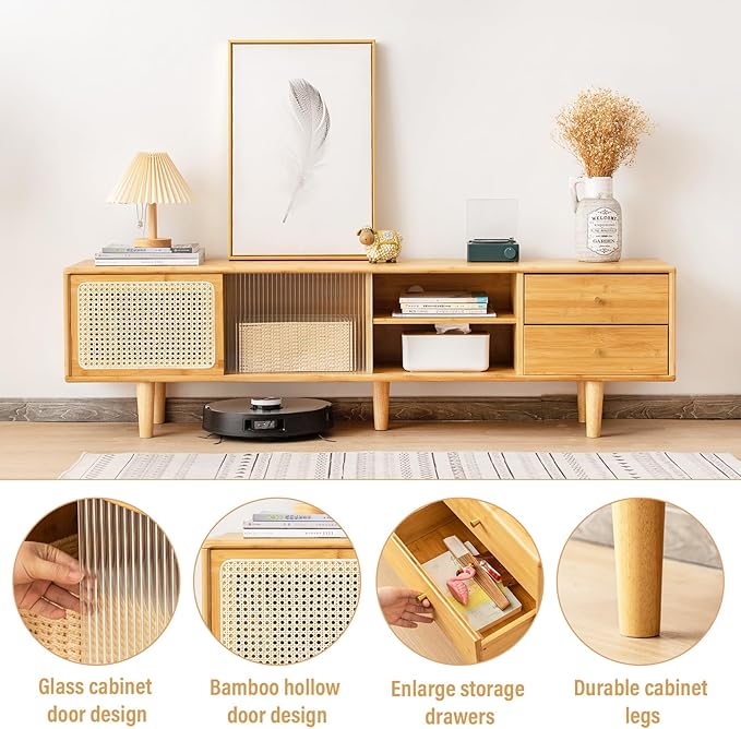 Tiita Rattan TV Stand for 55 60 Inch TV, Bamboo TV Cabinet with 2 Drawers, Boho Entertainment Center with Adjustable Shelf, Mid Century Modern Media Console for Bedroom, Living Room, Study - LeafyLoom