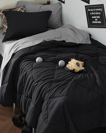 Bedsure Black Twin XL Comforter Set - 5 Pieces Reversible Black Bed Set Twin XL with Comforters, Sheets, Pillowcase & Sham, Black Bedding Set for College - LeafyLoom