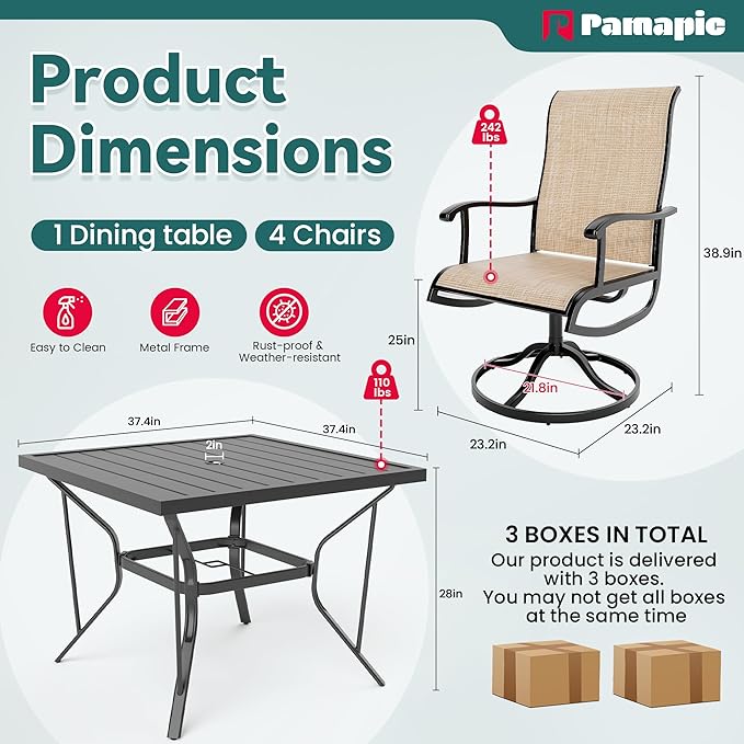 Pamapic 5 Pieces Patio Dining Set, All-Weather Outdoor Dining Set for Garden Backyard Poolside Deck,Outdoor Table and Chairs Set with 4 Textilene Swivel Chairs,Beige - LeafyLoom