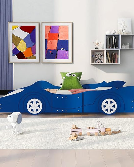 Car Shaped Toddler Bed with Wheels,Racecar Platform Beds W/Safety Guardrail,Slats Support,Stylish Design,Easy Assembly,Wood Full Bedframe for Boys Toddlers Kids Teens Bedroom,Blue - LeafyLoom