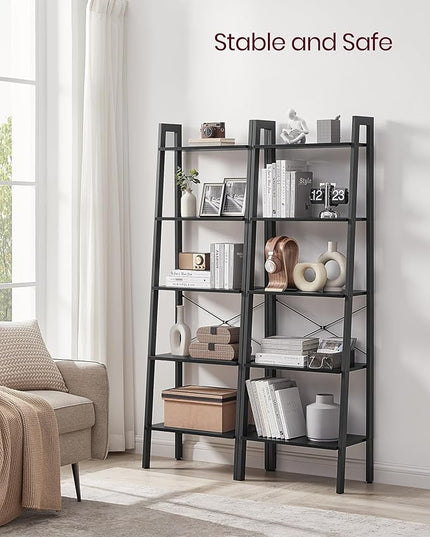 VASAGLE Ladder Shelf, 5-Tier Bookshelf, Storage Rack, Bookcase with Steel Frame, for Living Room Home Office, Kitchen, Bedroom, Industrial Style, Ebony Black + Black - LeafyLoom