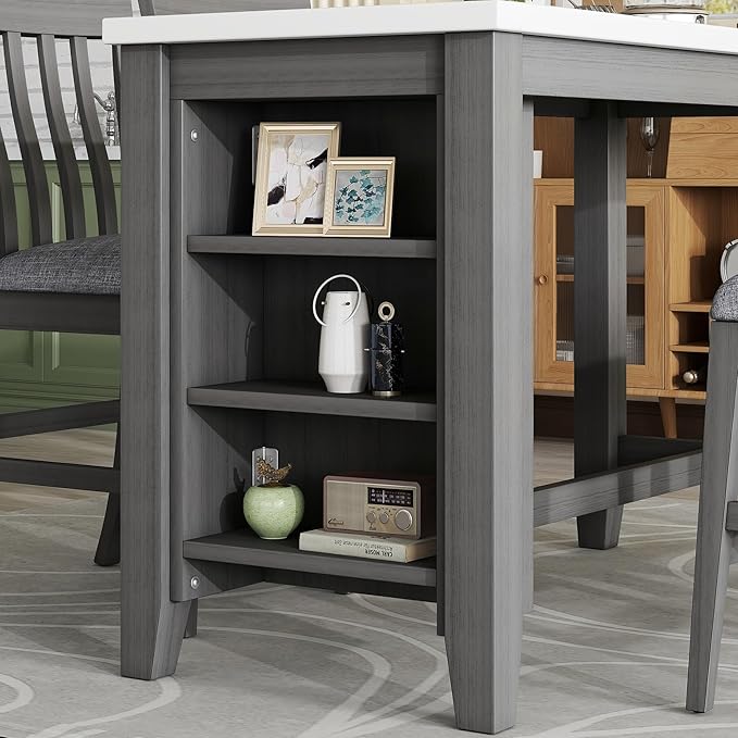 5-Piece Wooden Counter Height Dining Table Set with Faux Marble Veneer and Built-in Storage Shelves, 2 Upholstered Chairs and 2 Barstools, for Kitchen, Breakfast Nook, Bar, Living Room, Gray - LeafyLoom