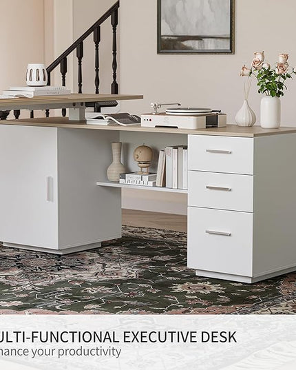 FEZIBO 63" L Shaped Executive Standing Desk with 3-Drawer File Cabinet, Electric Height Adjustable Stand up Desk for Home Office, Computer Desk with Storage Cabinets, White Frame Light Walnut Top - LeafyLoom