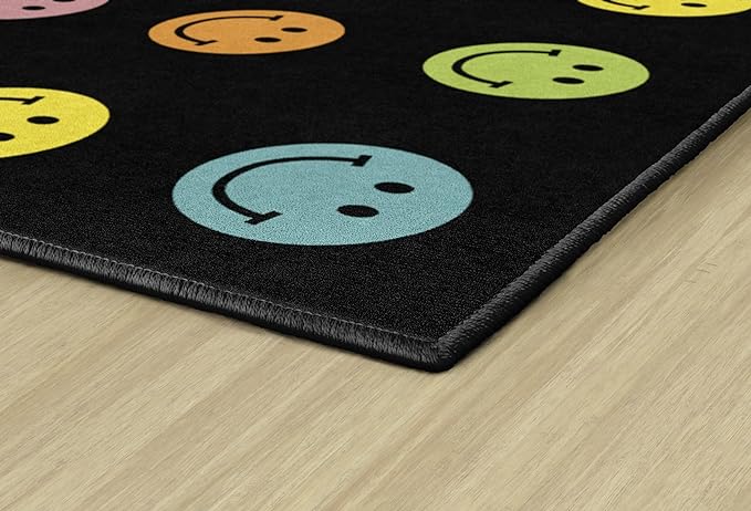 Flagship Carpets Schoolgirl Style Rainbow Smileys in Black Criss-Cross Applesauce Educational Area Rug for Kids Room, Children's Classroom for Teaching and Playroom, 5' x 7'6", Black & Multi, Seats 20 - LeafyLoom