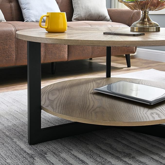 33.5" Round Coffee Table with 2-Tier Storage, Farmhouse Living Room Cocktail Table with Black Metal Leg, Solid Wood Industrial Sofa Center Table,Easy Assembly, Rustic Natural KFZ1338 - LeafyLoom