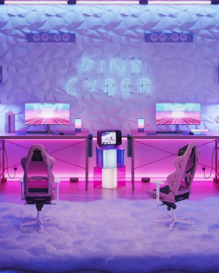 Bestier Gaming Desk with Power Outlets, 61 Inch Large Led Gamer Desk with 4 Tiers Reversible Shelves, PC Gaming Table with Headset Hook & Side Storage Bag for Bedroom (Pink 3D Carbon Fiber) - LeafyLoom