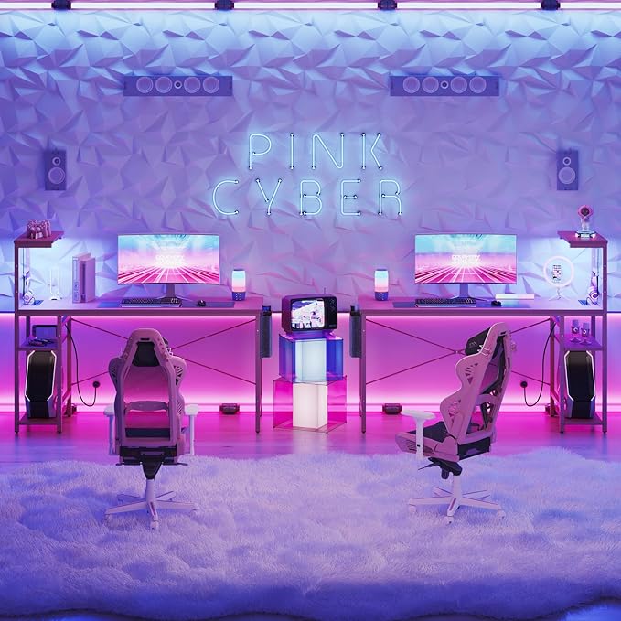Bestier Gaming Desk with Power Outlets, 61 Inch Large Led Gamer Desk with 4 Tiers Reversible Shelves, PC Gaming Table with Headset Hook & Side Storage Bag for Bedroom (Pink 3D Carbon Fiber) - LeafyLoom