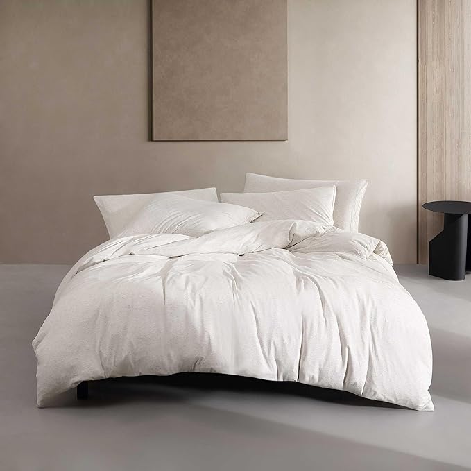 Calvin Klein - Queen Comforter Set, Luxuriously Soft Home Decor, Modern Cotton Melange Jersey Bedding (Ivory Grey Heather, Queen) - LeafyLoom