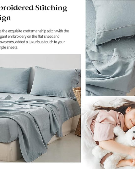 Simple&Opulence 100% Washed Linen Sheet Set-Queen Size-Natural France Flax Bed Sheet-4 Pcs Breathable,Ultra Soft,Farmhouse Bedding (1 Flat Sheet,1 Fitted Sheet,2 Pillowcases)-Embroidery Dusty Blue - LeafyLoom