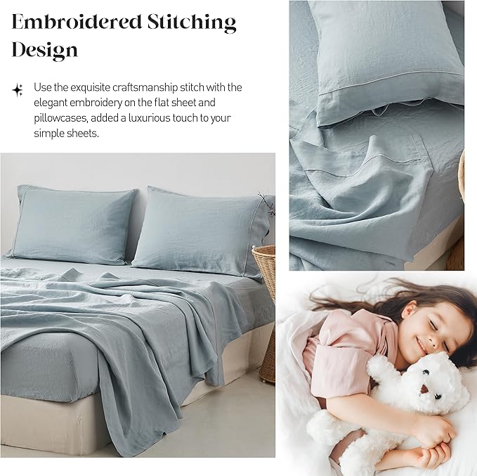 Simple&Opulence 100% Washed Linen Sheet Set-Queen Size-Natural France Flax Bed Sheet-4 Pcs Breathable,Ultra Soft,Farmhouse Bedding (1 Flat Sheet,1 Fitted Sheet,2 Pillowcases)-Embroidery Dusty Blue - LeafyLoom
