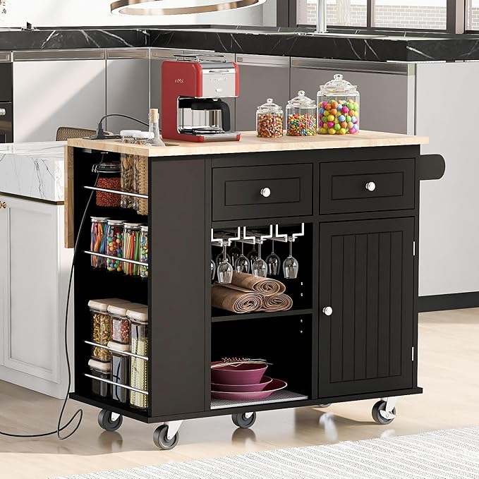 Kitchen Island with Storage, Rolling Table on Wheels w/Power Outlet, Drop Leaf and Rubber Wood Contertop, Wine Rack for Dinning Room - LeafyLoom