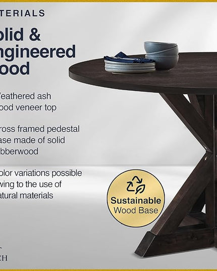 Finch Alfred Round Solid Wood Rustic Dining Table for Farmhouse Kitchen Room Decor, Wooden Trestle Pedestal Base, 46.5" Wide Circular Tabletop, Distressed Dark Brown - LeafyLoom