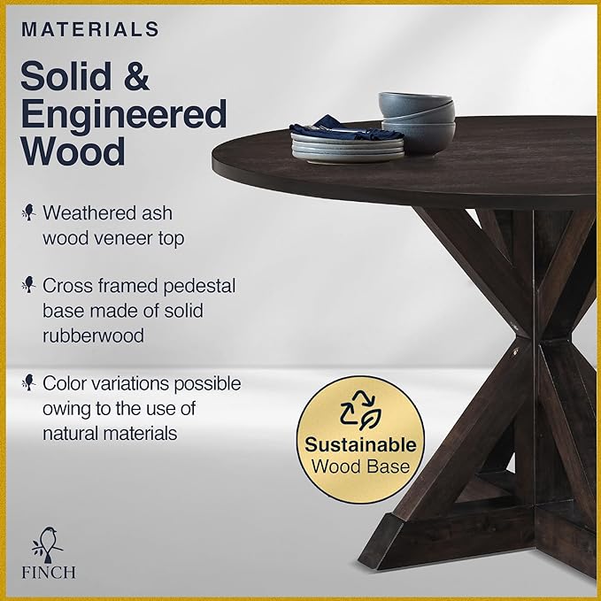 Finch Alfred Round Solid Wood Rustic Dining Table for Farmhouse Kitchen Room Decor, Wooden Trestle Pedestal Base, 46.5" Wide Circular Tabletop, Distressed Dark Brown - LeafyLoom