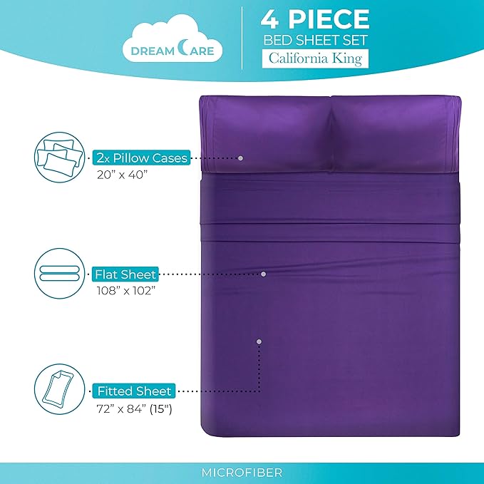 DREAMCARE California King Sheet Sets - Cooling Bed Sheets - 4pcs Set - up to 15" Deep Pocket Cal King Sheets - California King Sheets - Soft & Lasting 100% Brushed Polyester with Side Pocket - Purple - LeafyLoom