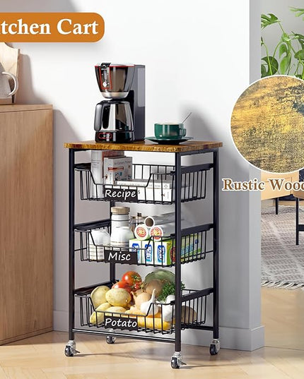 4-Tier Small Kitchen Storage Cart on Wheels, Metal Fruit Basket Stand with Pull-Out Baskets & Wood Top for Potato Onion Produce Snack Veggies - LeafyLoom