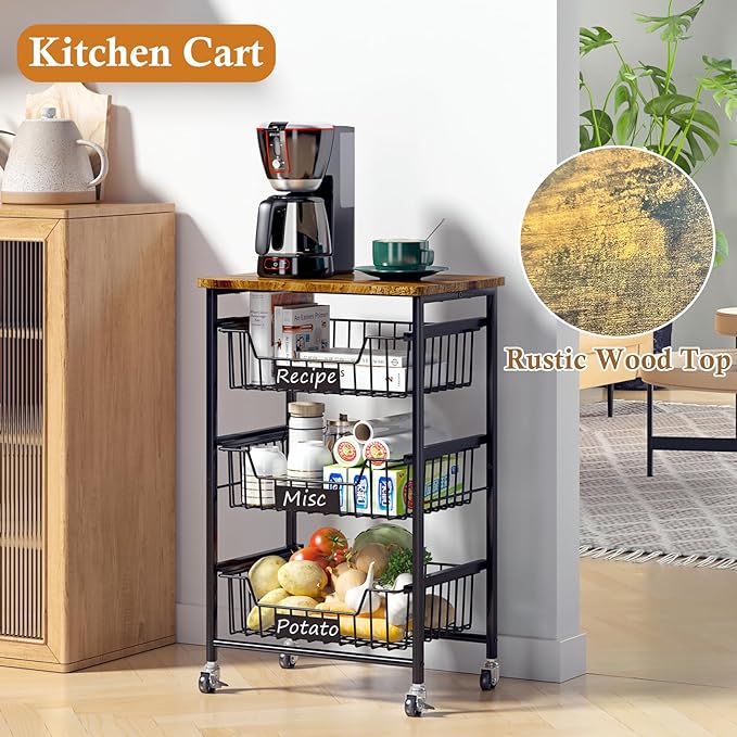 4-Tier Small Kitchen Storage Cart on Wheels, Metal Fruit Basket Stand with Pull-Out Baskets & Wood Top for Potato Onion Produce Snack Veggies - LeafyLoom
