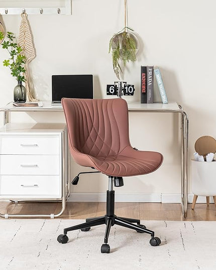 YOUNIKE Office Chair, Armless Desk Chair with Wheels, Home Office Computer Task Chairs, Modern Faux Leather Upholstered Vanity Chair, Adjustable Swivel Rocking Chair with Back, Dusty Rose - LeafyLoom