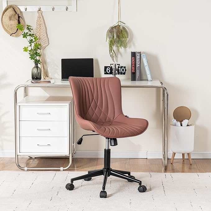 YOUNIKE Office Chair, Armless Desk Chair with Wheels, Home Office Computer Task Chairs, Modern Faux Leather Upholstered Vanity Chair, Adjustable Swivel Rocking Chair with Back, Dusty Rose - LeafyLoom