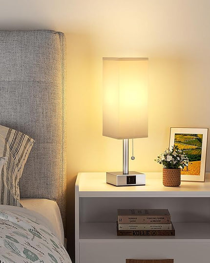 Grey Small Table Lamp for Bedroom - 3 Color Temperature 3000K 5000K 4000K Bedside Lamp, Pull Chain Control, USB A and C Charging Ports, Silver Base, for Kids Office Dorm nightstand, Bulb Included - LeafyLoom