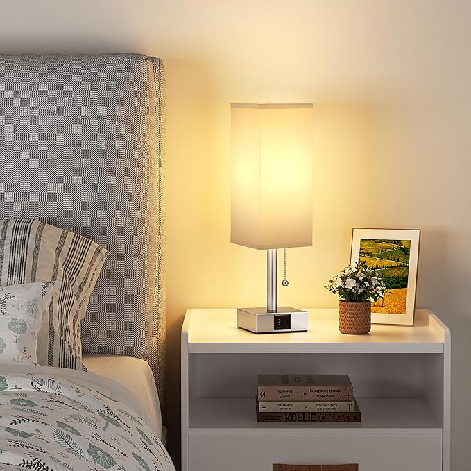Grey Small Table Lamp for Bedroom - 3 Color Temperature 3000K 5000K 4000K Bedside Lamp, Pull Chain Control, USB A and C Charging Ports, Silver Base, for Kids Office Dorm nightstand, Bulb Included - LeafyLoom