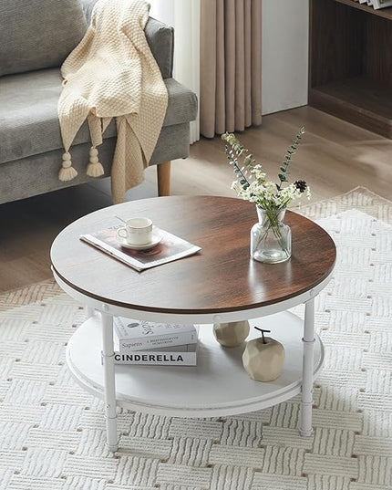 VINGLI 31.5" Rustic Oak White Wood Round Farmhouse Coffee Table, 2-Tier Storage Wood Center Circle Accent Table for Living Room, Bedroom, Apartment, Studio and Small Spaces, Sturdy Metal Frame - LeafyLoom