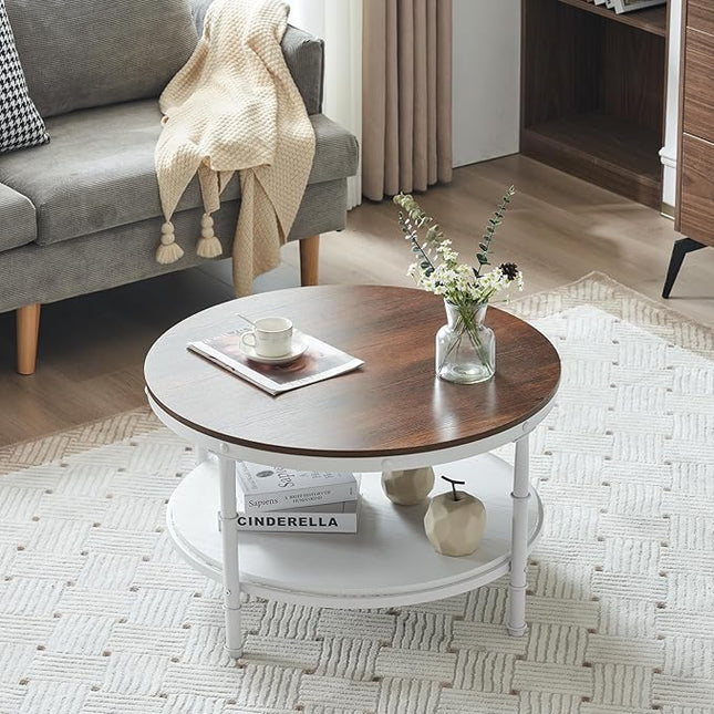 VINGLI 31.5" Rustic Oak White Wood Round Farmhouse Coffee Table, 2-Tier Storage Wood Center Circle Accent Table for Living Room, Bedroom, Apartment, Studio and Small Spaces, Sturdy Metal Frame - LeafyLoom