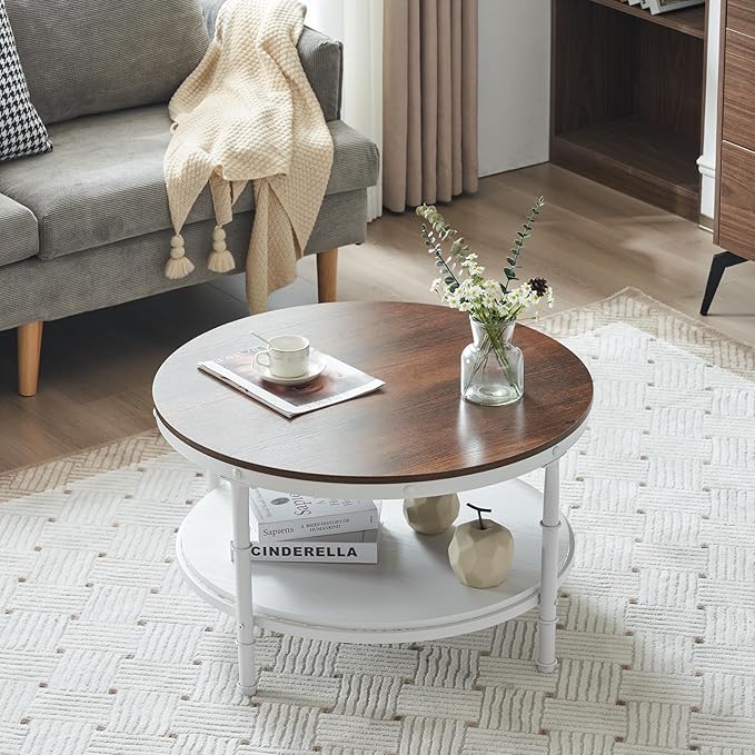 VINGLI 31.5" Rustic Oak White Wood Round Farmhouse Coffee Table, 2-Tier Storage Wood Center Circle Accent Table for Living Room, Bedroom, Apartment, Studio and Small Spaces, Sturdy Metal Frame - LeafyLoom