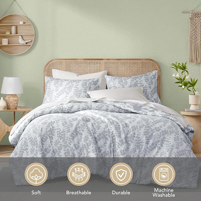 Codi Gray Floral Comforter Set Queen Size, Botanical Bedding Sets | Nature Style, Unique Reversible Design, Better for Spring and Summer | Leaf Print 3 Pieces - LeafyLoom
