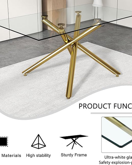 NicBex Large Modern Minimalist Rectangular Glass Dining Table for 6-8 with 0.39" Tempered Glass Tabletop and Golden Metal Legs for Kitchen Dining Living Meeting Room Banquet Hall, Golden - LeafyLoom