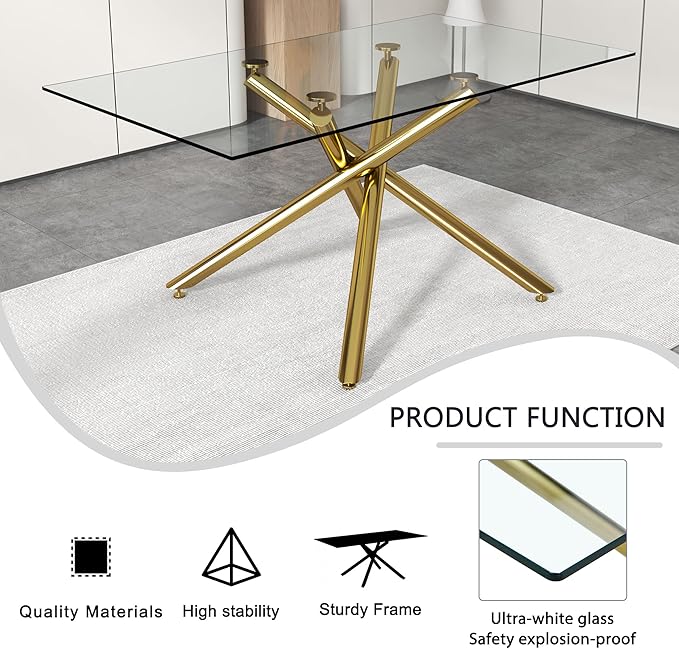 NicBex Large Modern Minimalist Rectangular Glass Dining Table for 6-8 with 0.39" Tempered Glass Tabletop and Golden Metal Legs for Kitchen Dining Living Meeting Room Banquet Hall, Golden - LeafyLoom