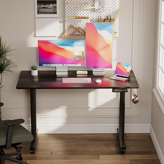 Electric Standing Desk 48 Inch, Ergonomic Height Adjustable Table with T-Shaped Metal Bracket Modern Computer Workstations for Home Office, Black - LeafyLoom