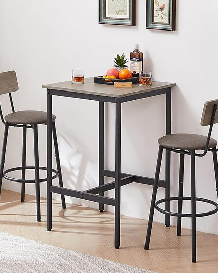 Dining Table Set for 2, Sqaure Bar Table and Chairs Set with PU Soft Seat and Backrest, Kitchen Table and Chairs for Small Spaces, Kitchen and Bar, Rustic Grey - LeafyLoom