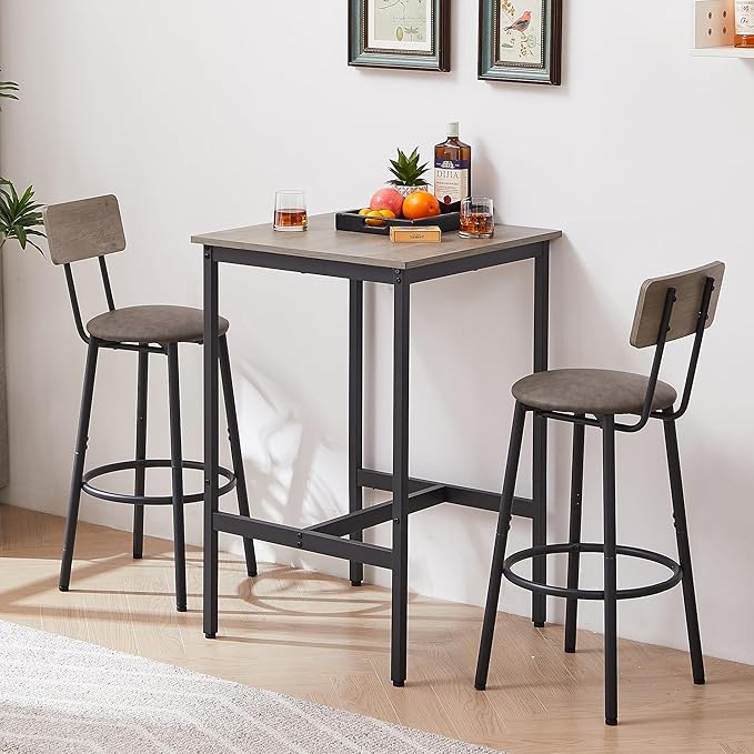 Dining Table Set for 2, Sqaure Bar Table and Chairs Set with PU Soft Seat and Backrest, Kitchen Table and Chairs for Small Spaces, Kitchen and Bar, Rustic Grey - LeafyLoom