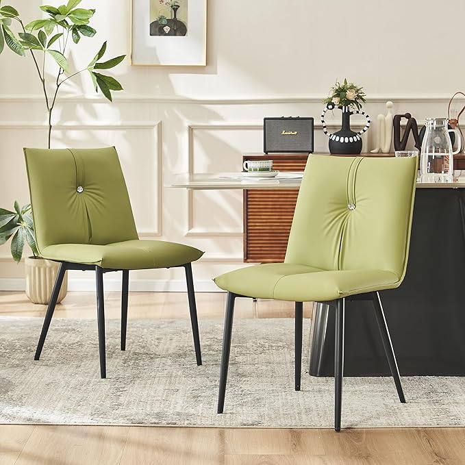 YOUTASTE Dining Chairs Set of 2 Mid Century Modern Upholstered Leather Kitchen Chairs Soft Padded Side Chairs Dinner Chairs with Metal Legs for Living Room Bedroom, Avocado Green - LeafyLoom