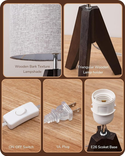 EDISHINE Boho Small Table Lamp, Walnut Color Wooden Tripod Bedside Lamp, Farmhouse Nightstand Lamp for Nursery, Bedroom, Office, Kid Room, Living Room, Grey Linen Lampshade, E26 Socket, 14.2 Inch - LeafyLoom